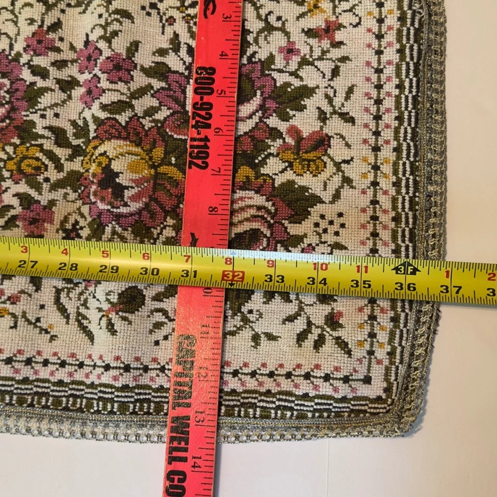 Vintage Floral Needlepoint Table Runner Pink Cream Rose Tapestry 37x13 Decor